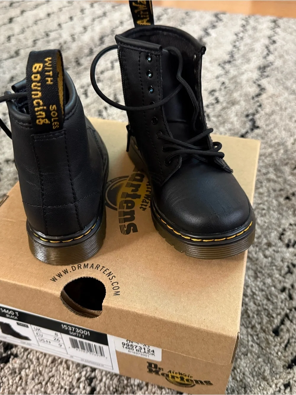 Dr. Martens Kids Black Leather Lace-Up Ankle Boots with Yellow Stitching